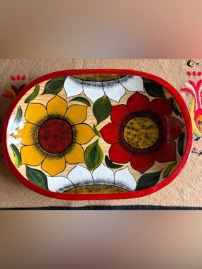 🌻Signed Jose Jimenez Mexican Folk Art Sunflower Wood Bowl  13.75” x 9.5” 🌻 90’s